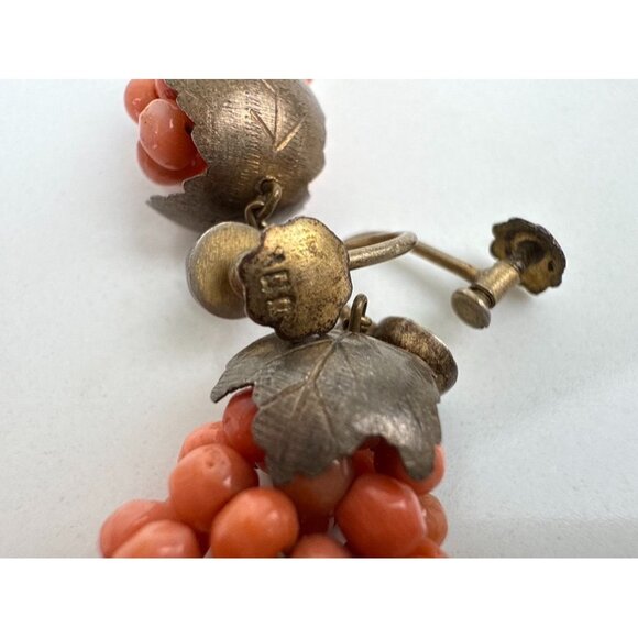 Antique Victorian Red Coral Grape Cluster Earrings Dangling Screw Back Jewelry - Picture 6 of 7